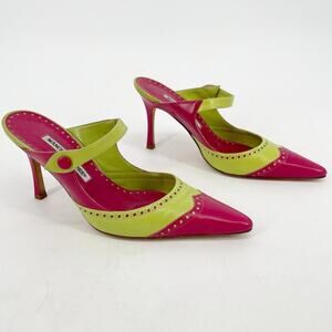 Manolo Blahnik Vintage Lime Pink Wingtip Mary Jane Pointed Toe Mule Heel IT 37